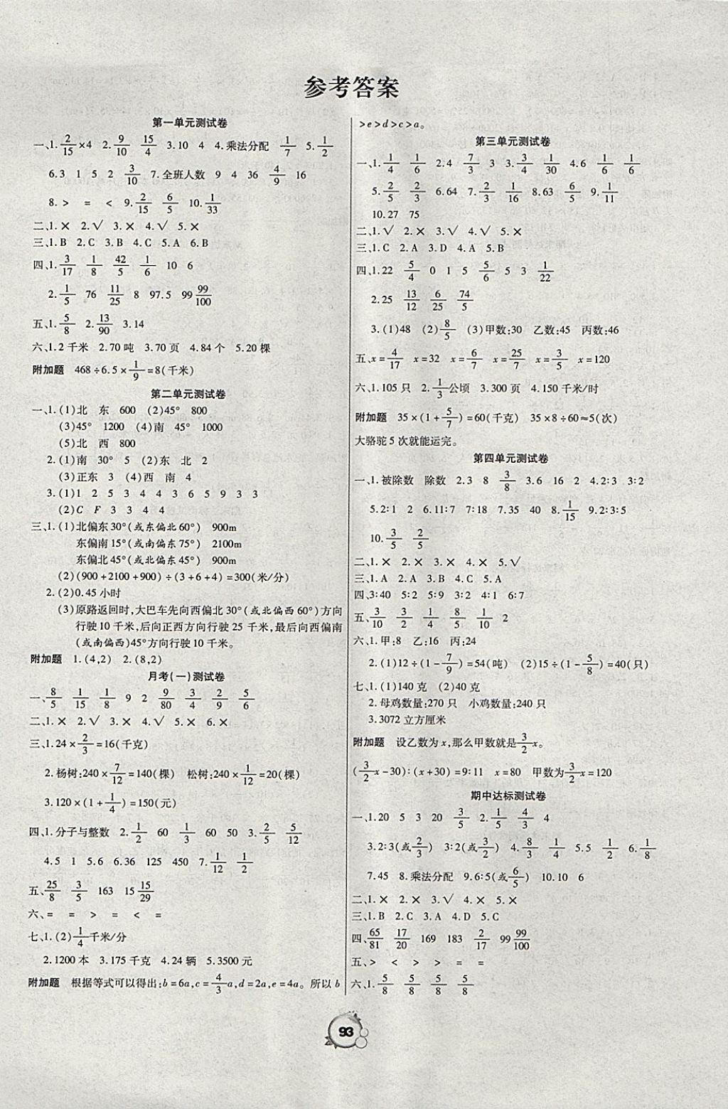 2017年一线名师全优冲刺100分六年级数学上册人教版 参考答案第1页