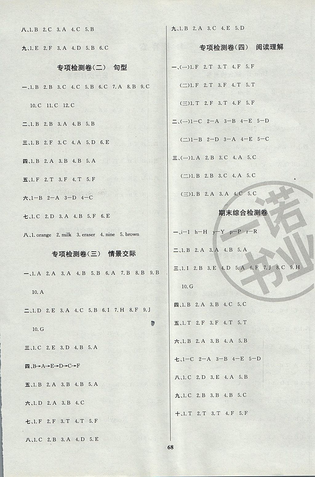 2017年名師名校全能金卷三年級英語上冊人教PEP版 參考答案第4頁