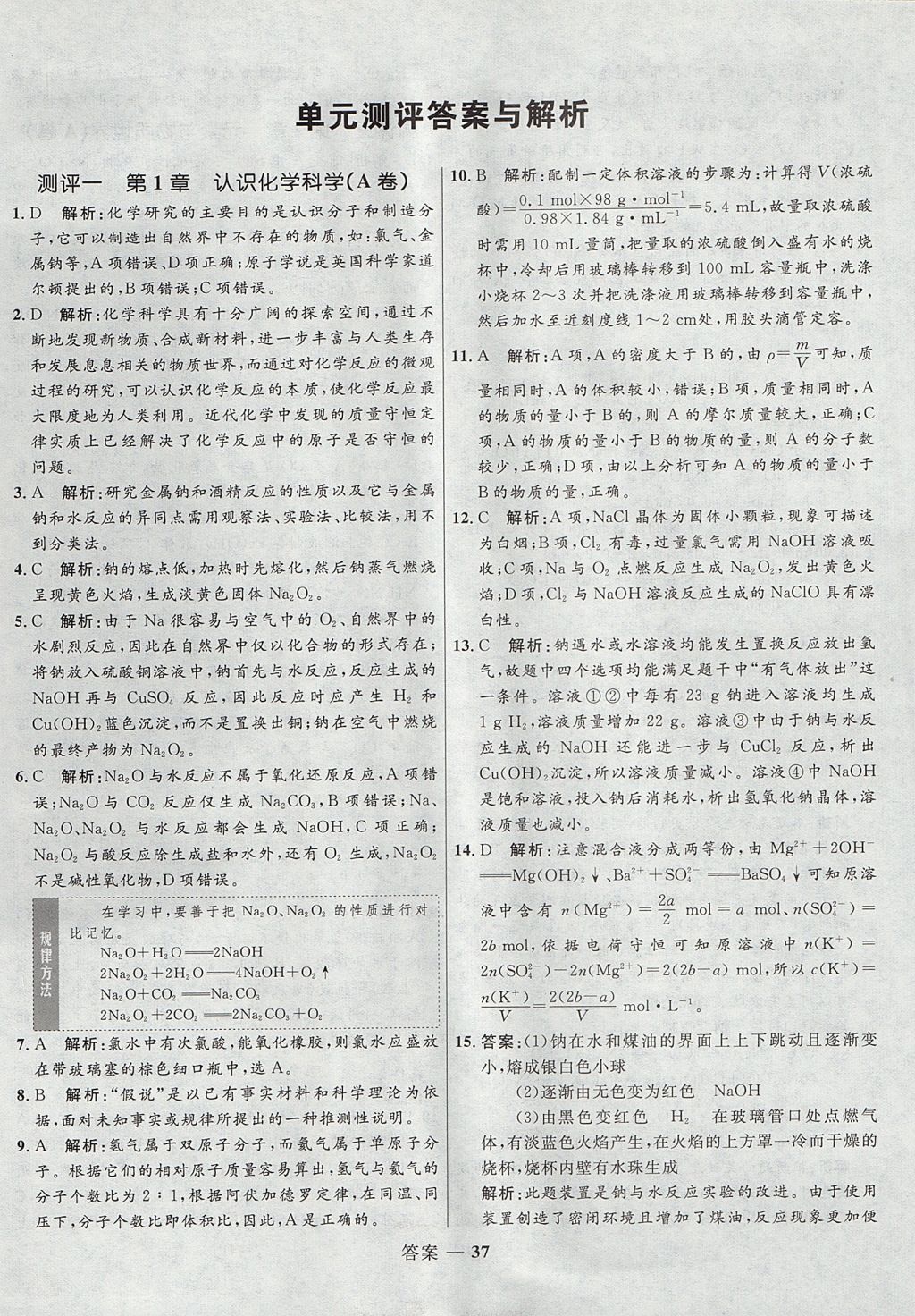 2018年高中同步測(cè)控優(yōu)化訓(xùn)練化學(xué)必修1魯科版 參考答案第37頁(yè)