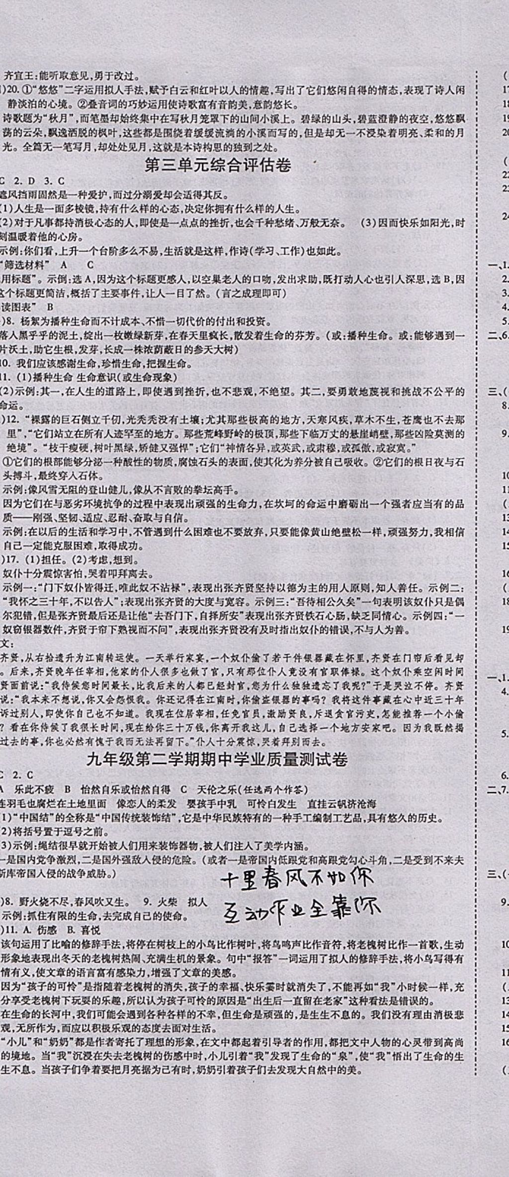 2017年一線調(diào)研卷九年級語文全一冊人教版 參考答案第8頁