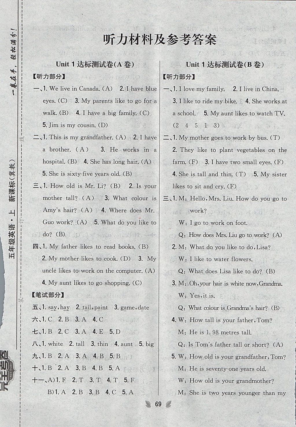 2017年小學(xué)教材完全考卷五年級(jí)英語(yǔ)上冊(cè)冀教版 參考答案第1頁(yè)