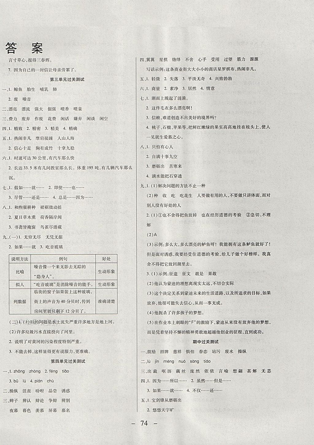 2017年期末冲刺100分全程密卷五年级语文上册人教版 参考答案第2页