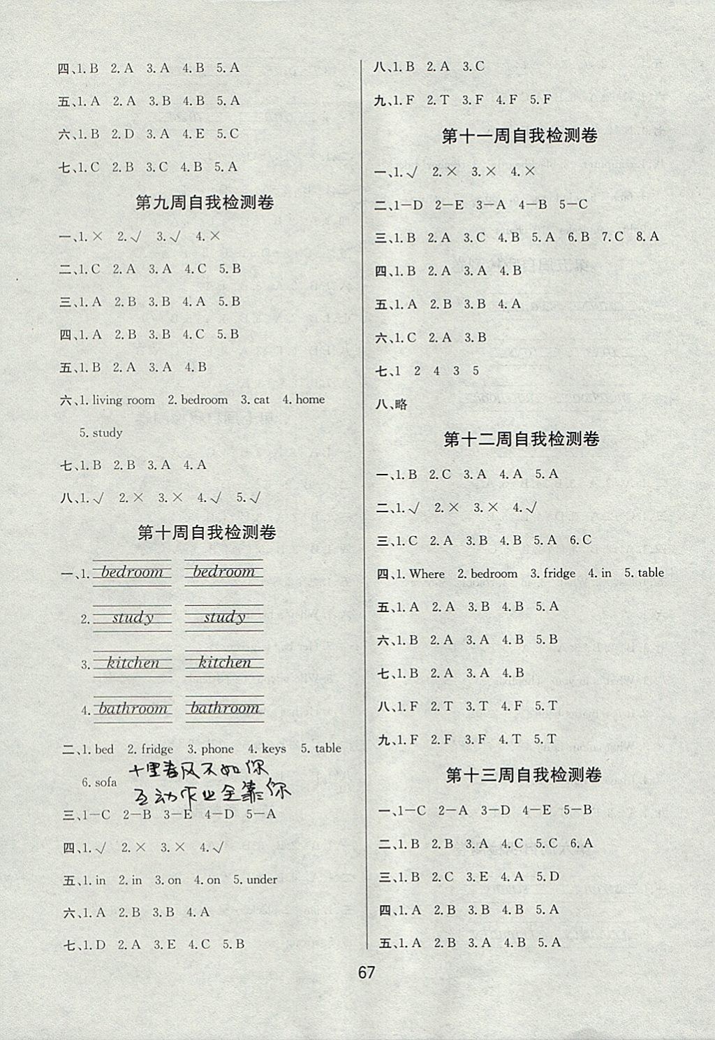 2017年名师名校全能金卷四年级英语上册人教PEP版 参考答案第7页