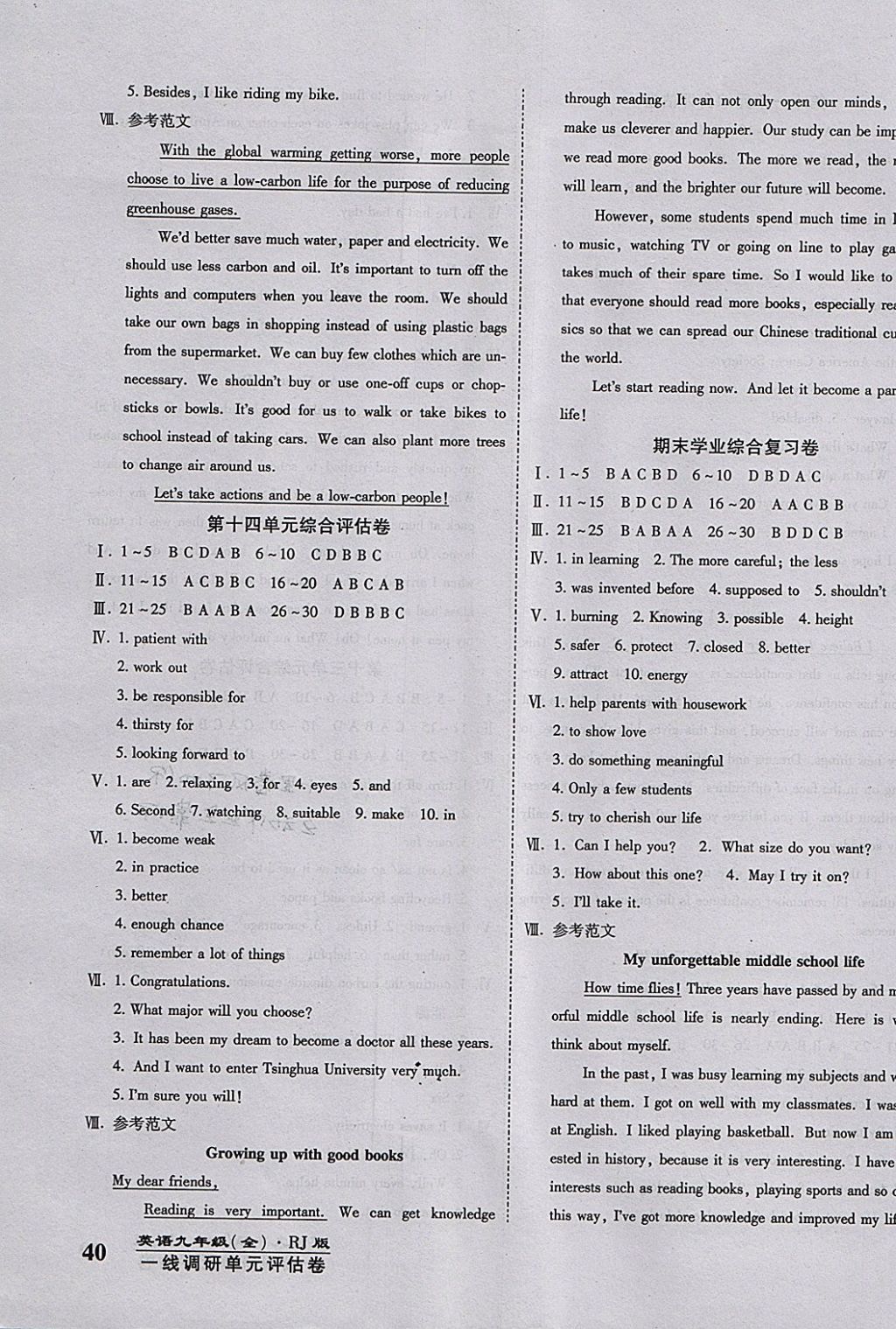 2017年一線調(diào)研卷九年級(jí)英語全一冊(cè)人教版 參考答案第7頁