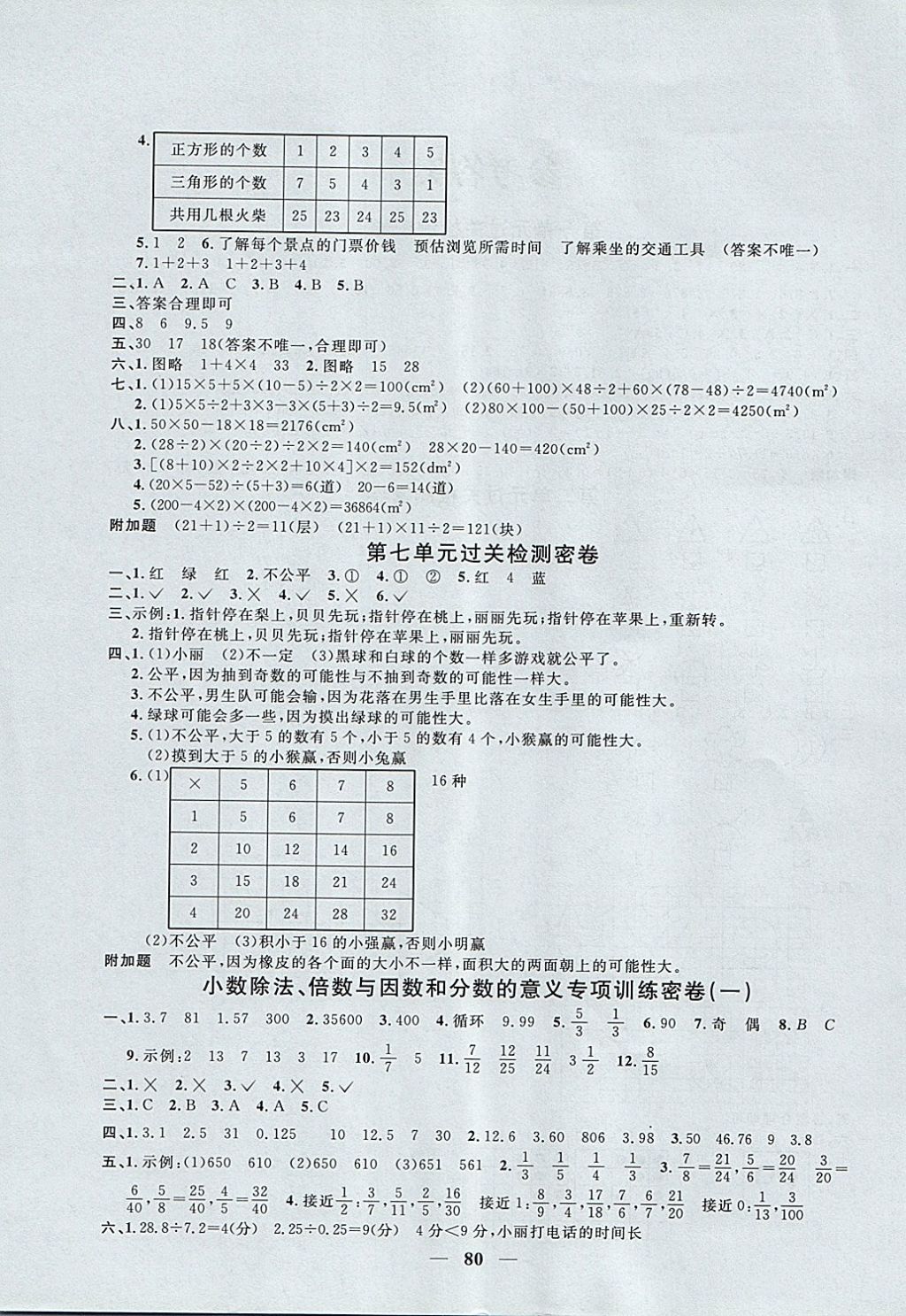 2017年阳光同学一线名师全优好卷五年级数学上册北师大版 参考答案第4页