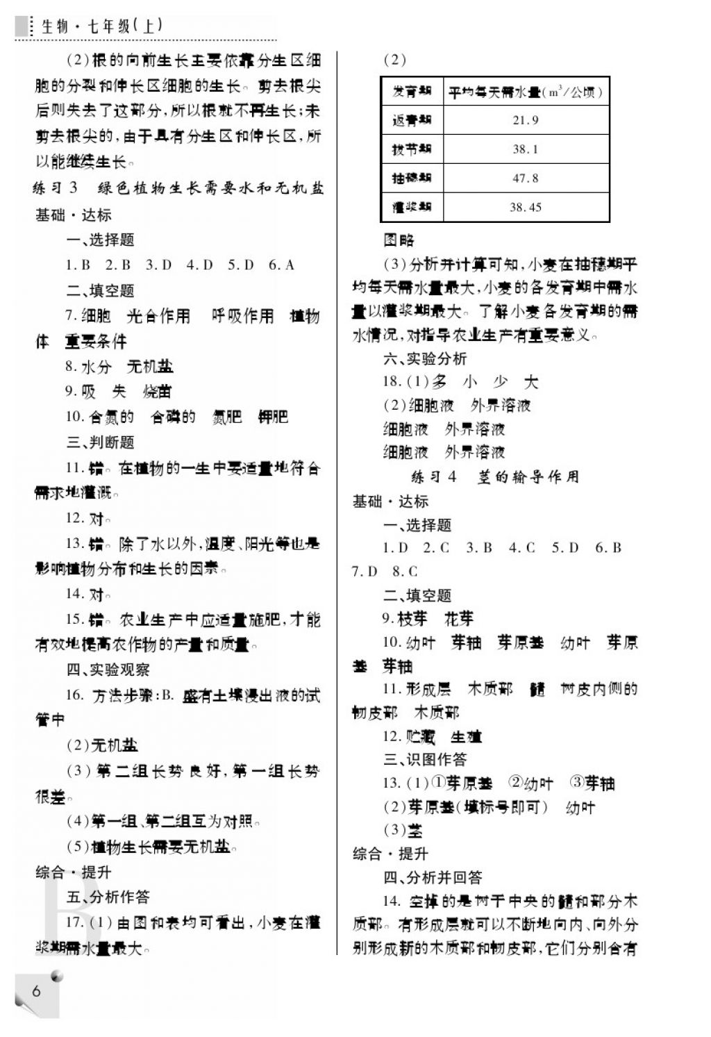 2017年课堂练习册七年级生物上册B版 参考答案第6页