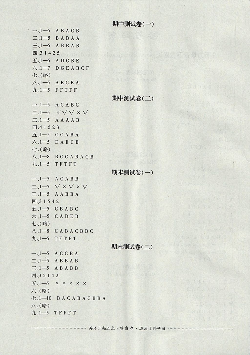 2017年單元測試五年級英語上冊外研版三起四川教育出版社 參考答案第4頁