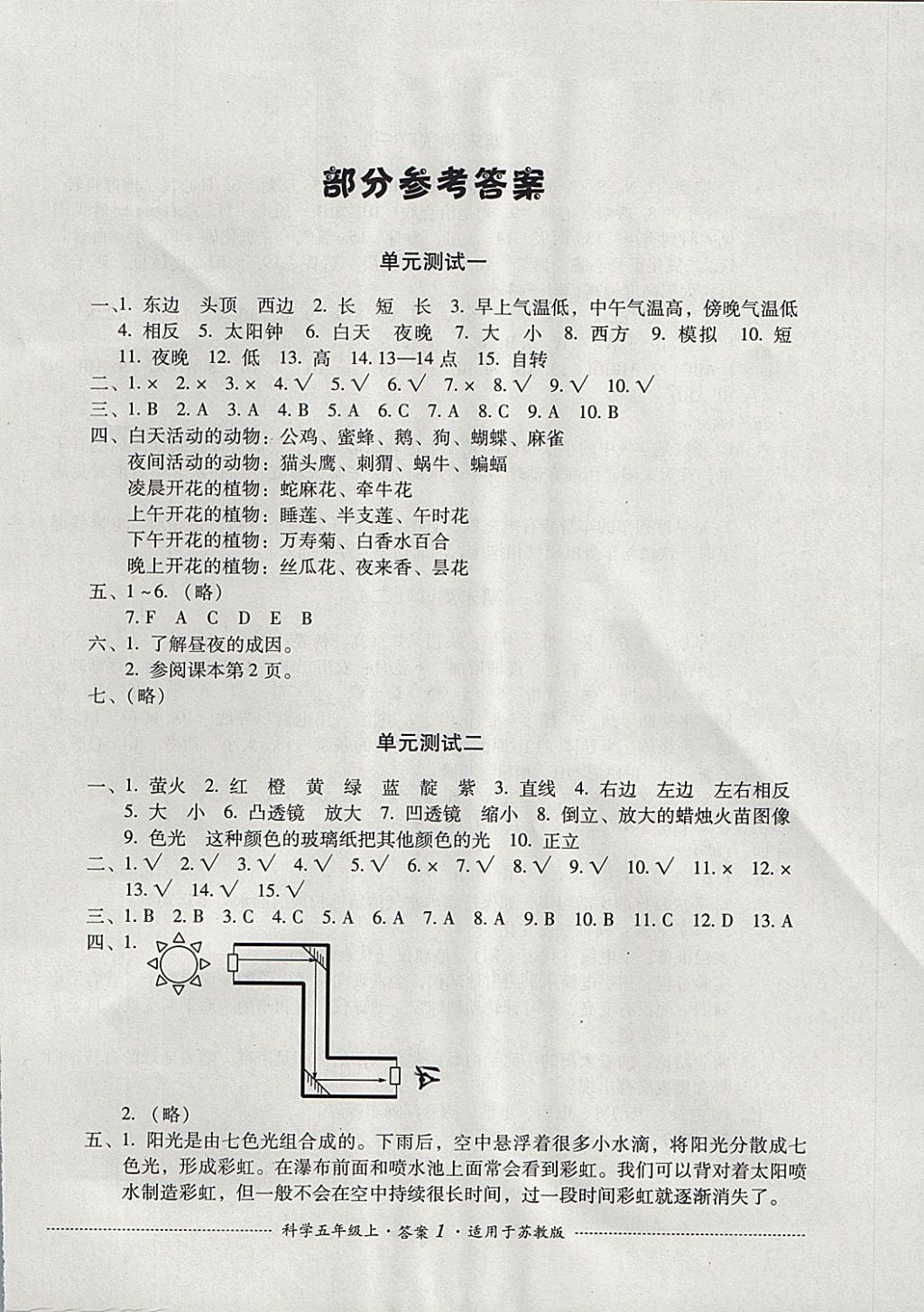 2017年單元測試五年級科學上冊蘇教版四川教育出版社 參考答案第1頁