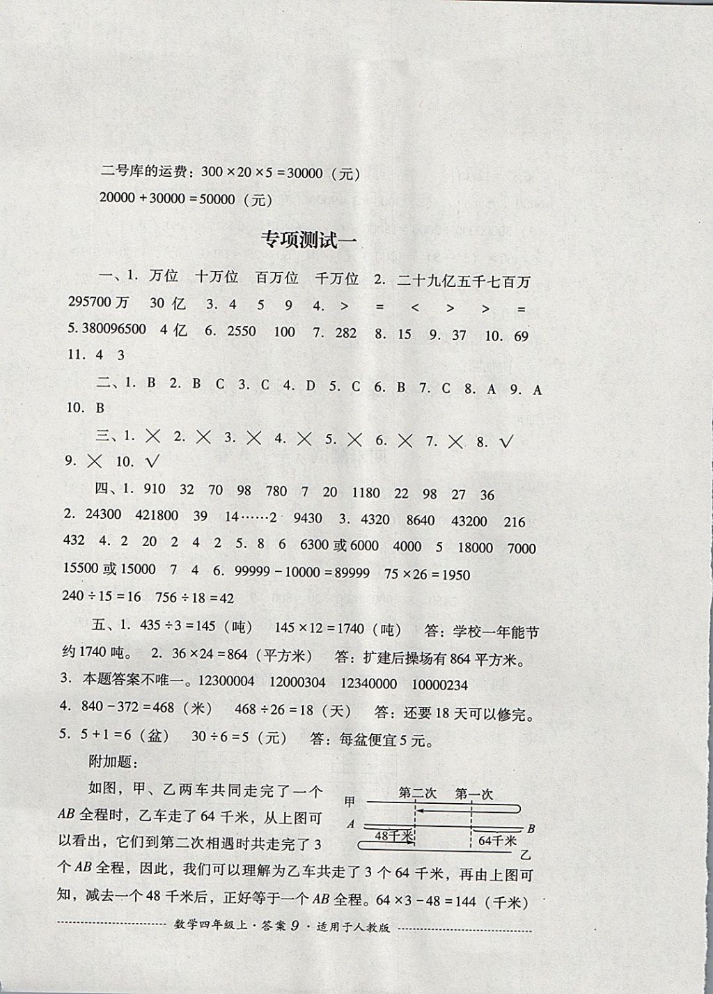 2017年單元測試四年級數(shù)學(xué)上冊人教版四川教育出版社 參考答案第9頁