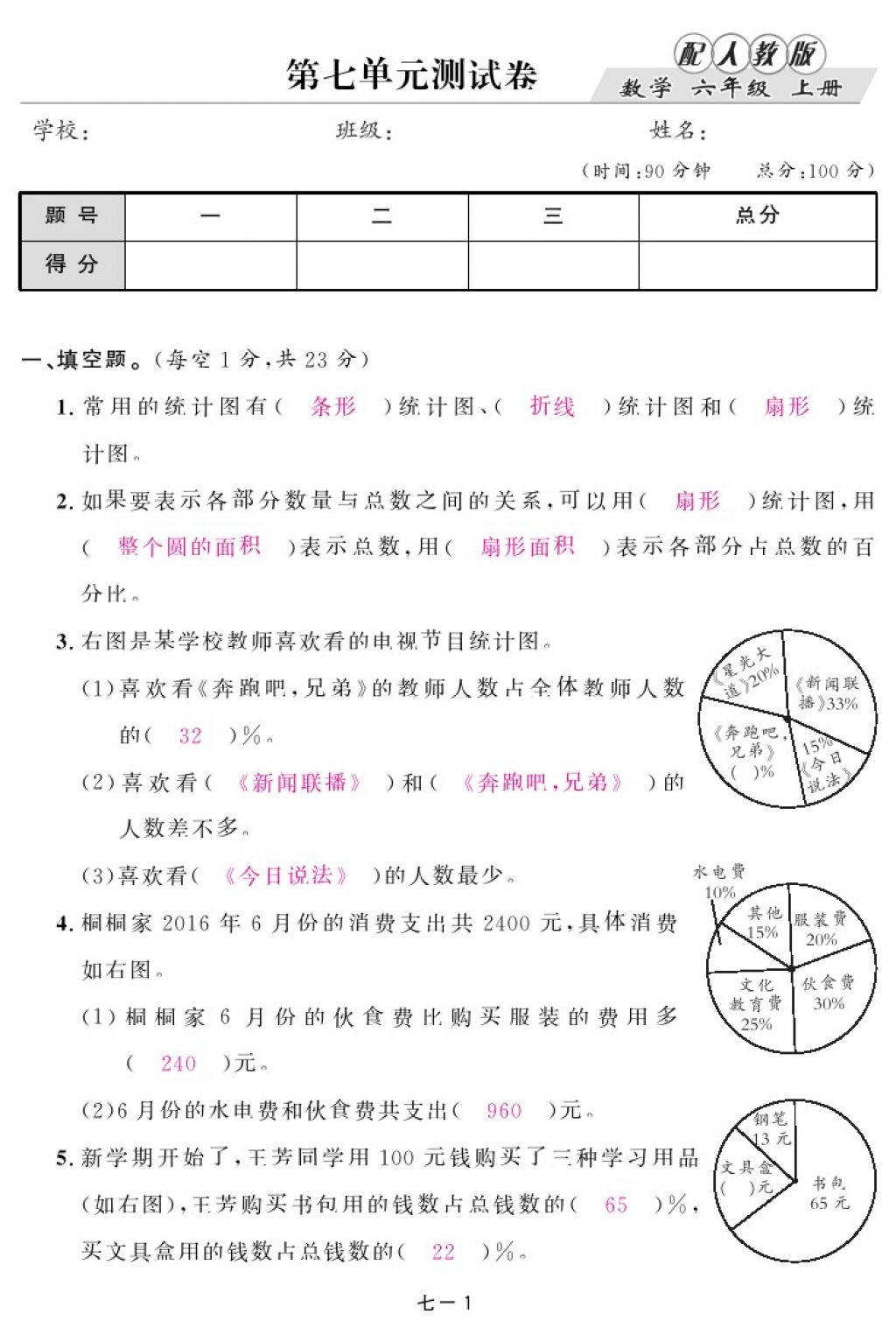 2017年領(lǐng)航新課標練習冊六年級數(shù)學上冊人教版 參考答案第29頁