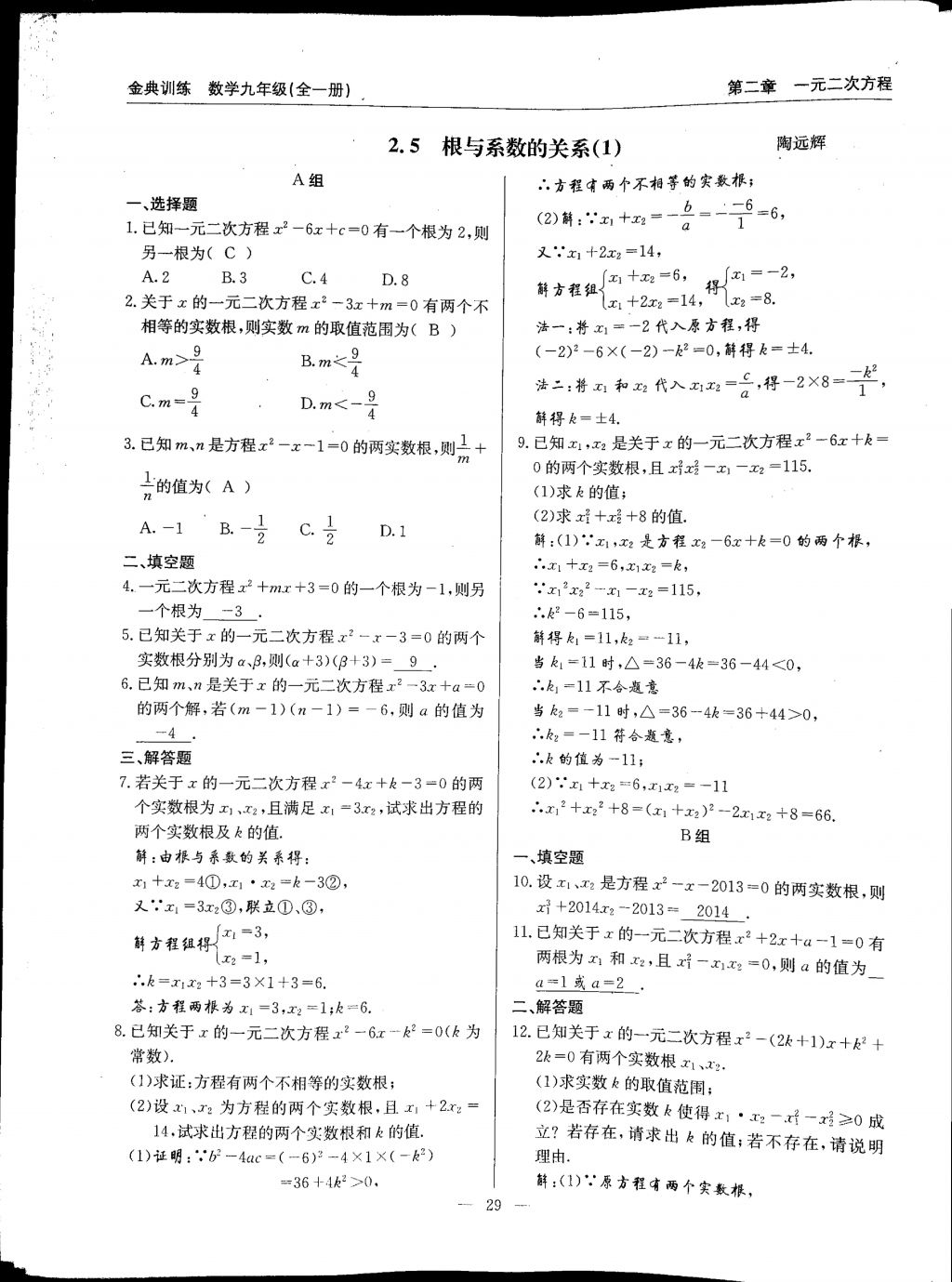 2017年金典訓(xùn)練九年級(jí)數(shù)學(xué)全一冊(cè) 參考答案第29頁(yè)