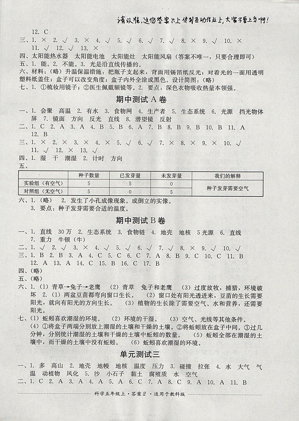 2017年單元測試五年級科學上冊教科版 參考答案第2頁