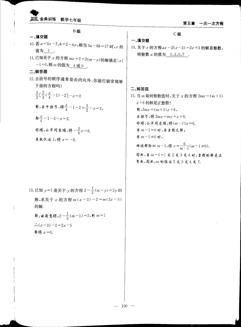 2017年金典训练七年级数学上册北师大版 参考答案第100页