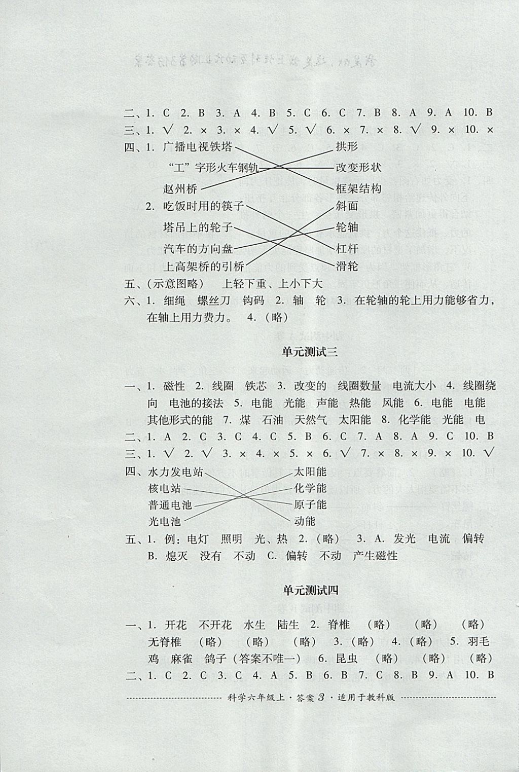 2017年单元测试六年级科学上册教科版 参考答案第3页