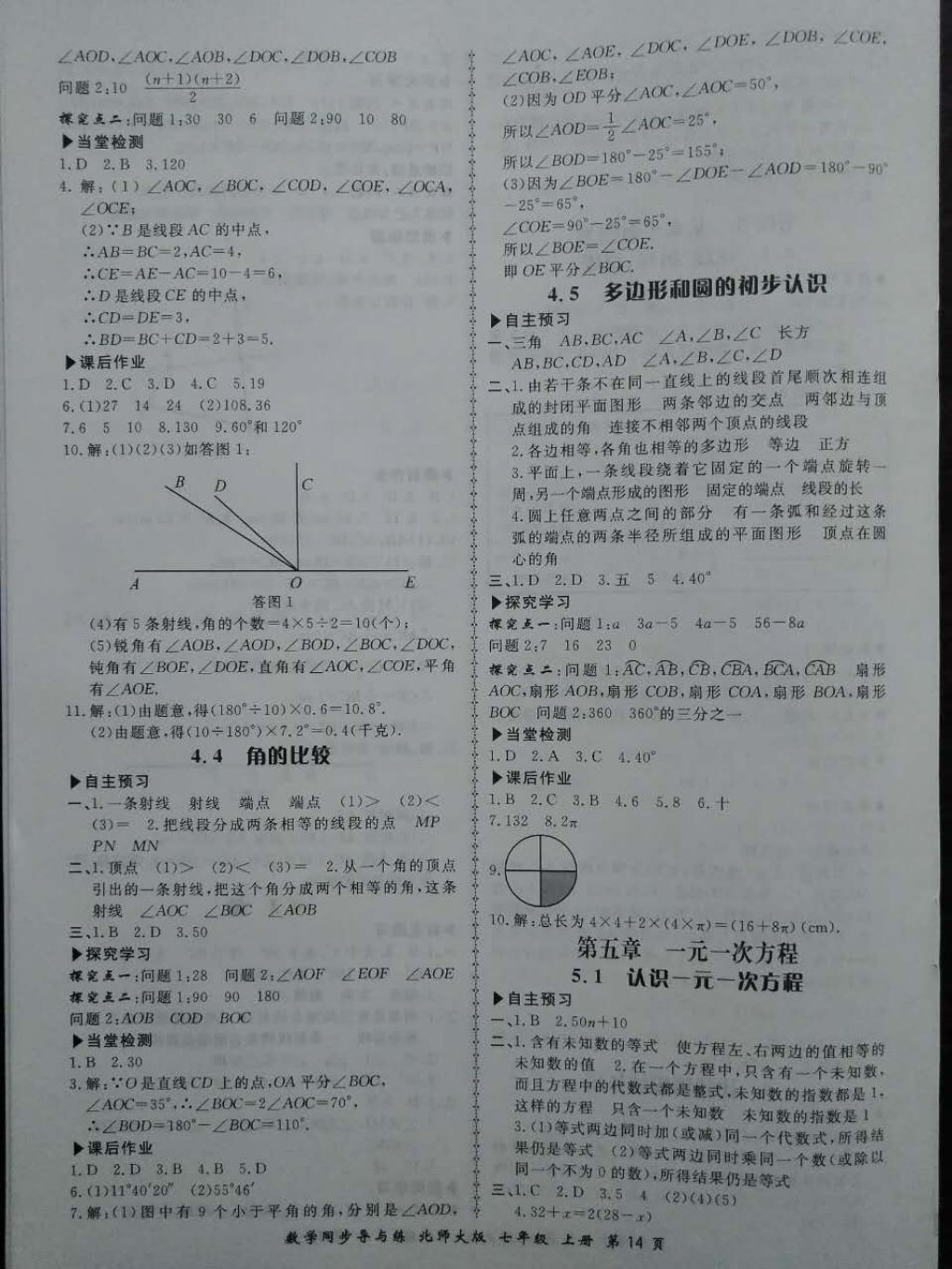 2017年新学案同步导与练七年级数学上册北师大版 参考答案第14页