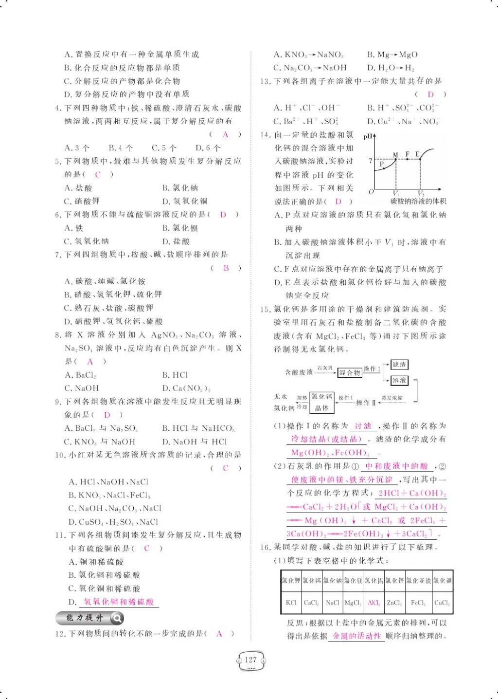 2017年領(lǐng)航新課標(biāo)練習(xí)冊九年級化學(xué)全一冊人教版 參考答案第151頁