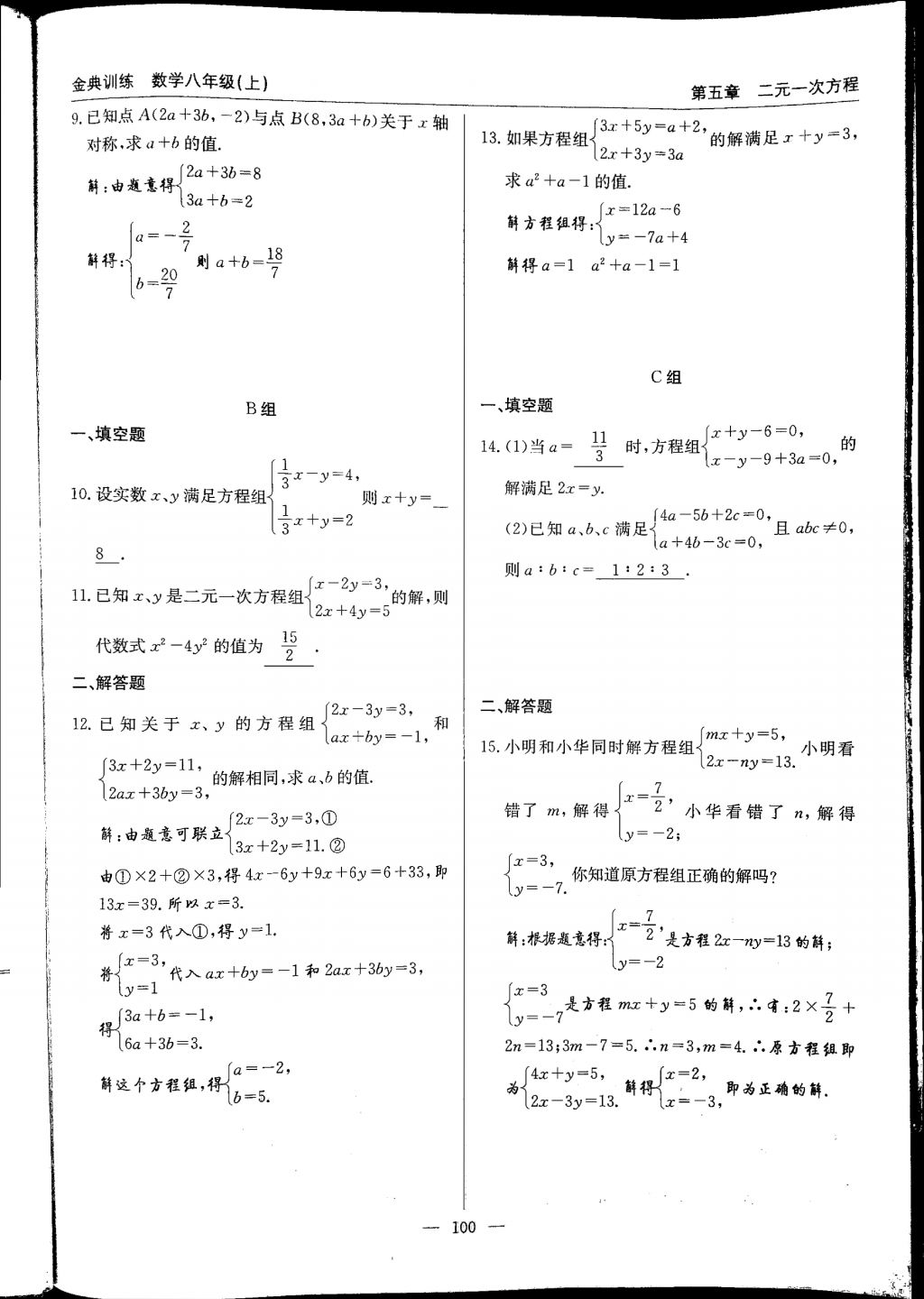 2017年金典訓(xùn)練八年級(jí)數(shù)學(xué)上冊(cè)北師大版 參考答案第100頁(yè)