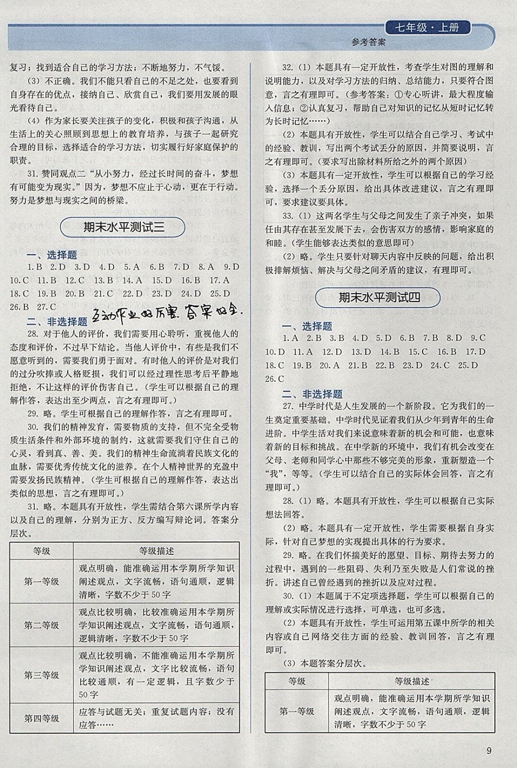 2017年人教金学典同步解析与测评七年级道德与法治上册人教版 参考答案第9页