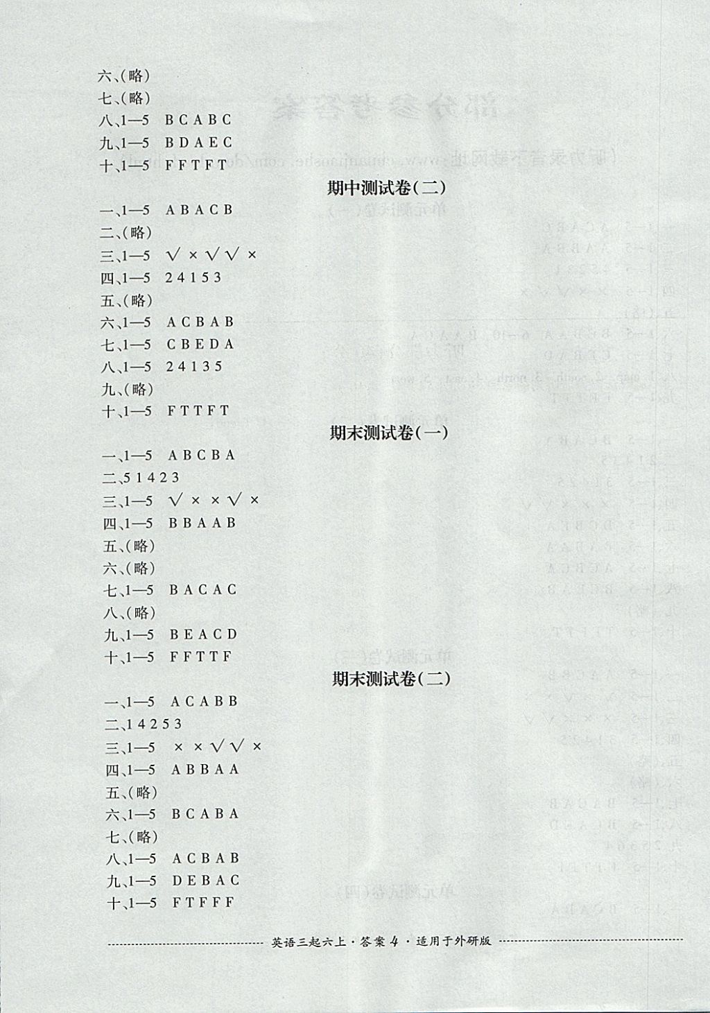 2017年单元测试六年级英语上册外研版三起四川教育出版社 参考答案第4页