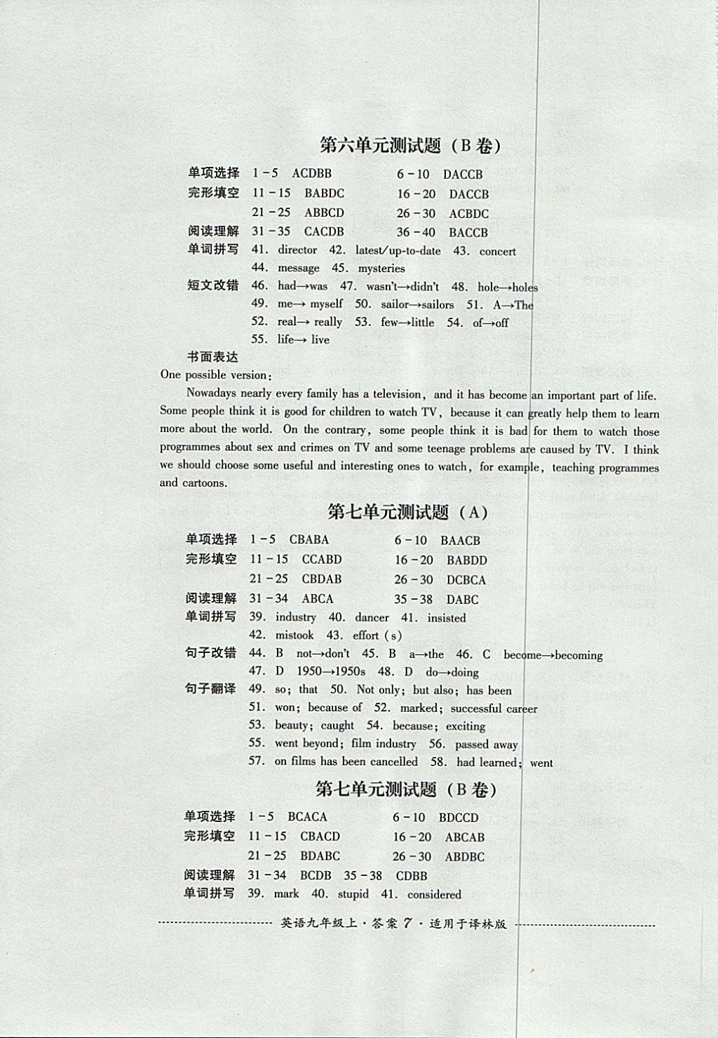 2017年單元測試九年級英語上冊譯林版 參考答案第7頁