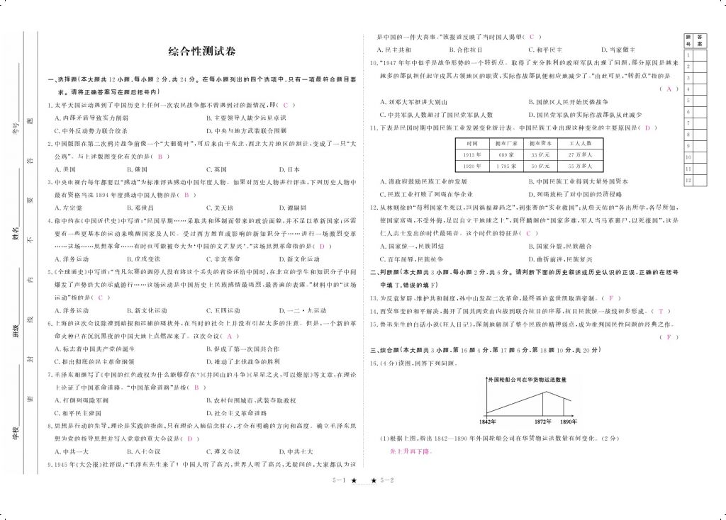 2017年領(lǐng)航新課標(biāo)練習(xí)冊(cè)八年級(jí)歷史上冊(cè)人教版 參考答案第9頁