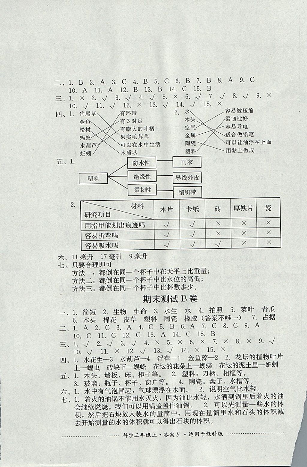 2017年单元测试三年级科学上册教科版四川教育出版社 参考答案第4页