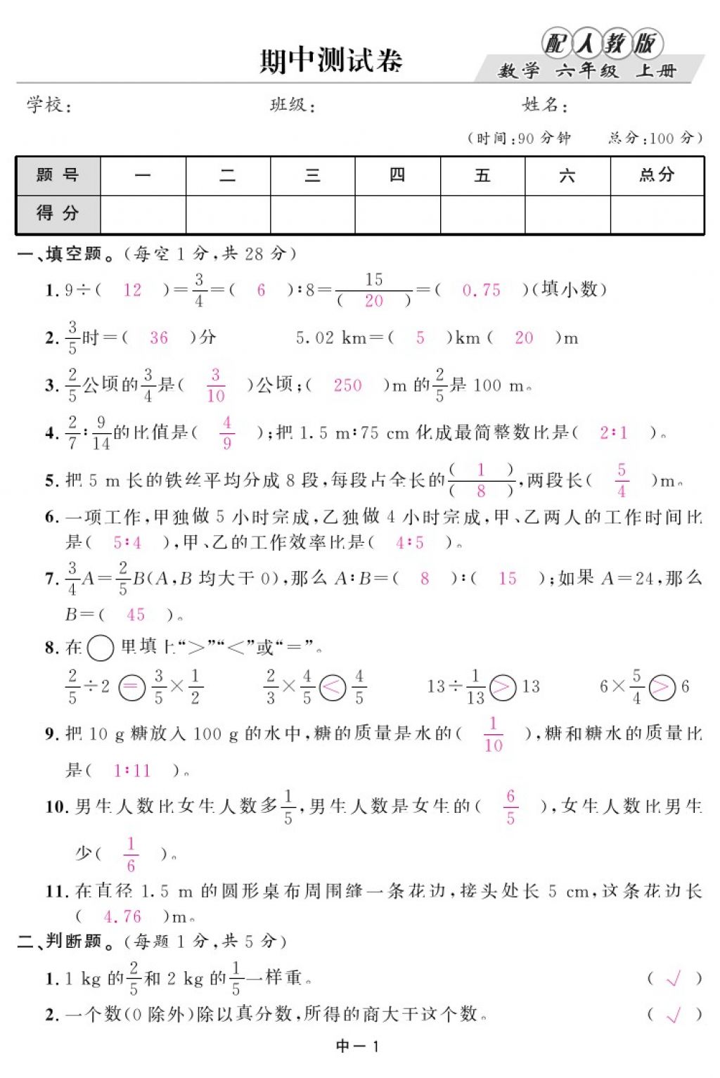 2017年領(lǐng)航新課標(biāo)練習(xí)冊六年級數(shù)學(xué)上冊人教版 參考答案第17頁