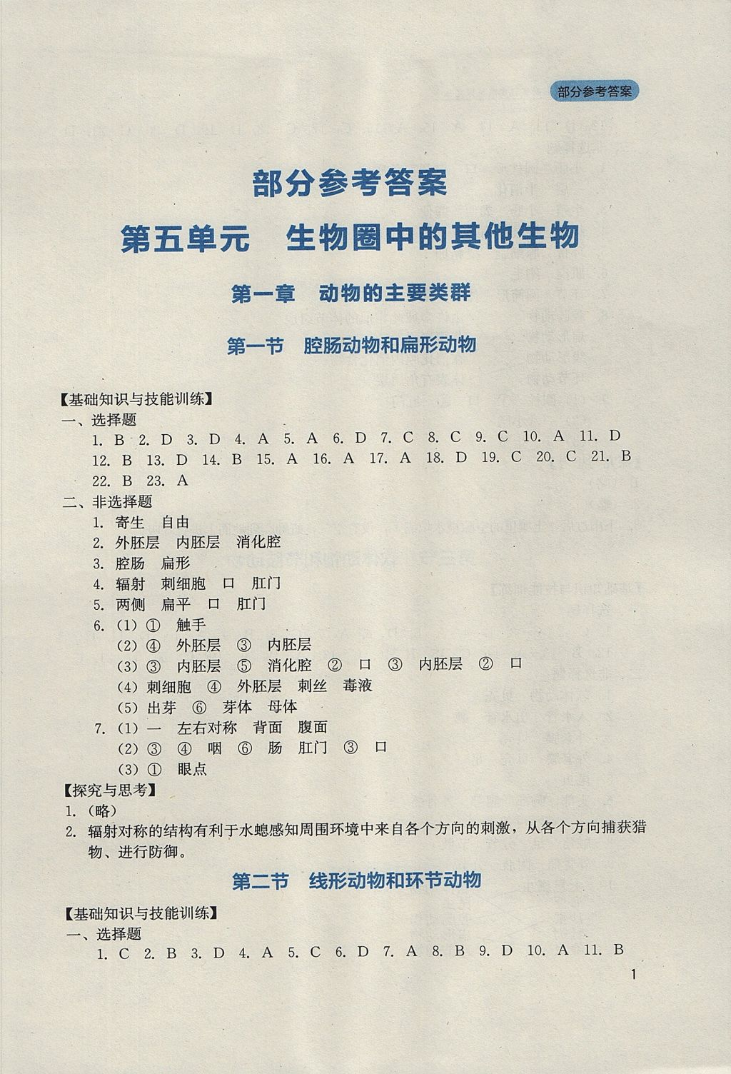 2017年新課程實踐與探究叢書八年級生物上冊人教版 參考答案第1頁