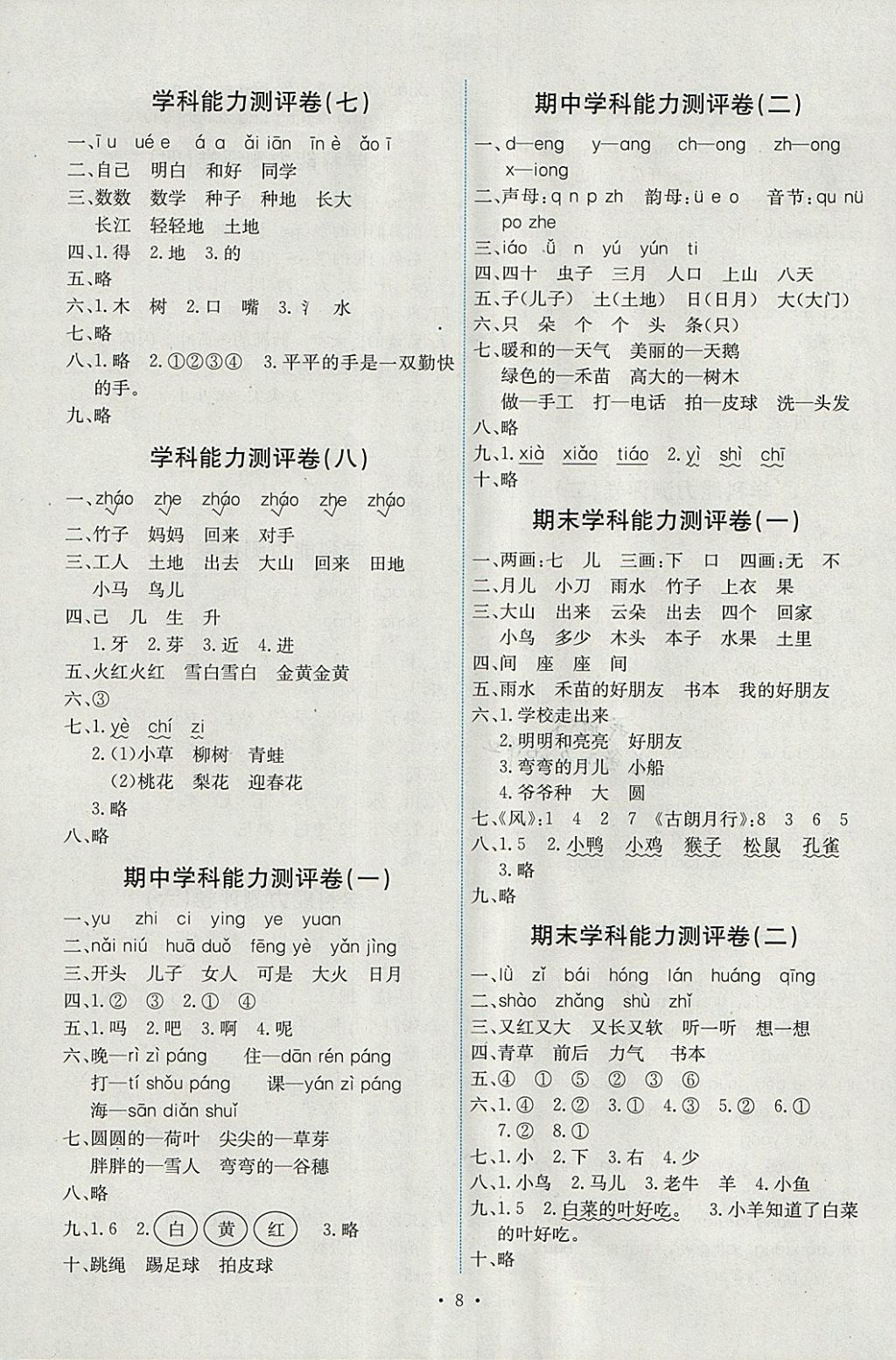 2017年能力培養(yǎng)與測試一年級語文上冊人教版 參考答案第8頁