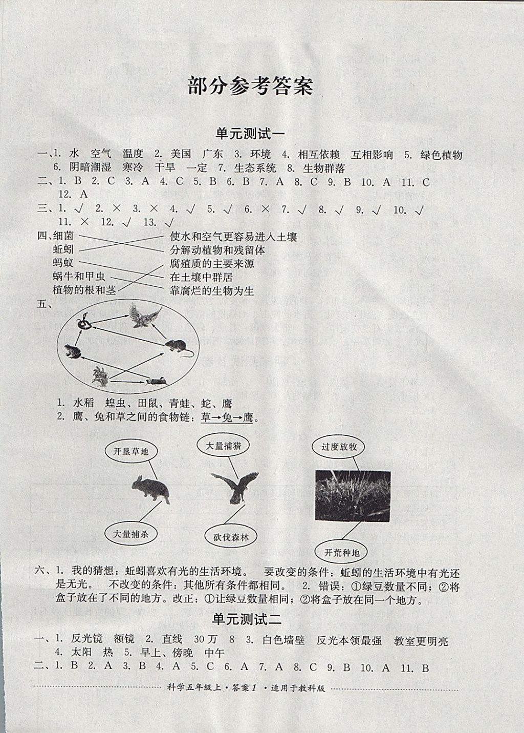 2017年单元测试五年级科学上册教科版 参考答案第1页