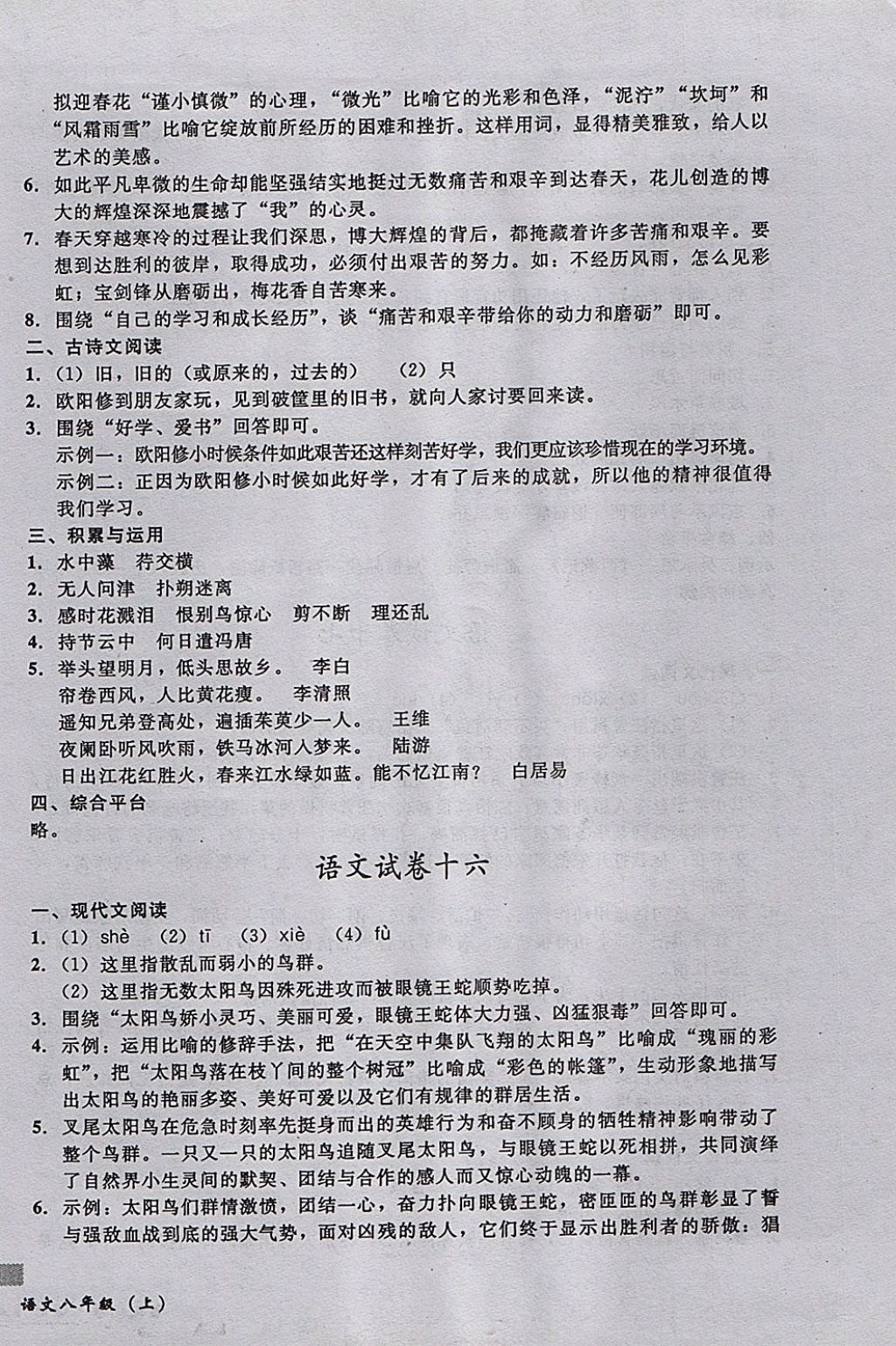 2017年无敌战卷课时作业八年级语文上册通用版 参考答案第14页