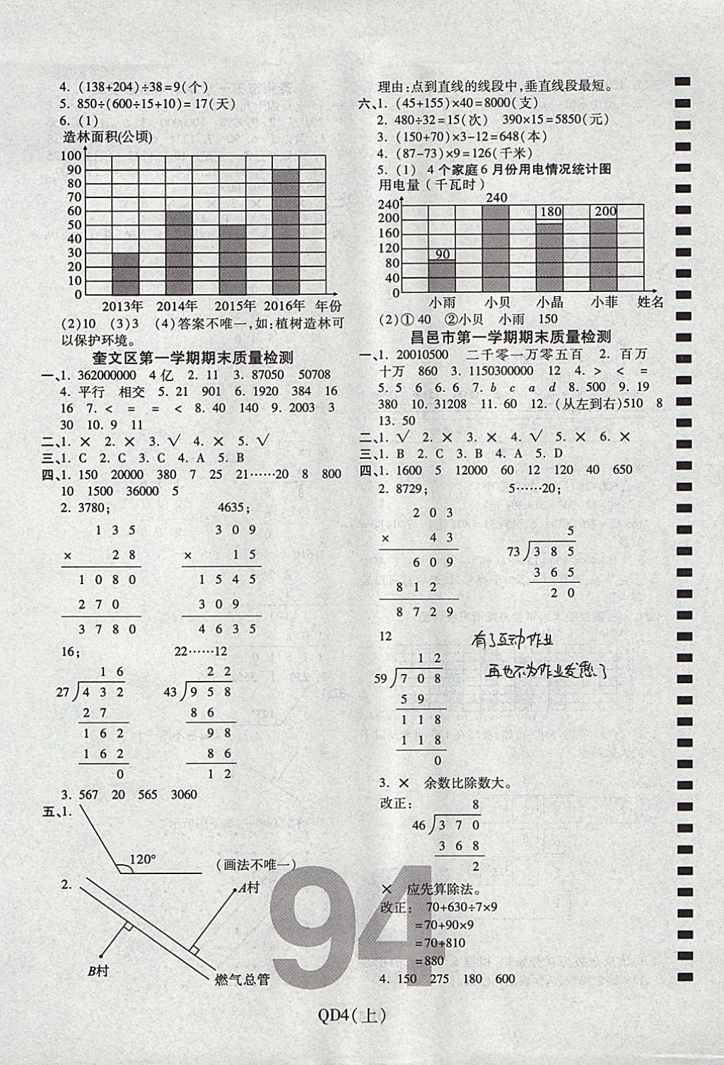 2017年期末100分冲刺卷四年级数学上册青岛版潍坊专用 参考答案第6页