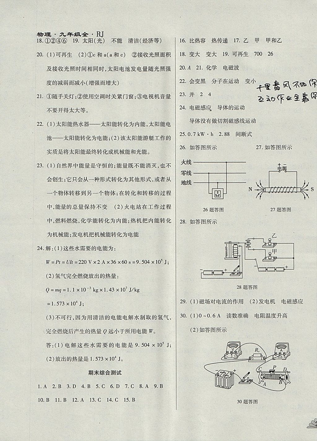 2017年千里馬單元測試卷九年級物理全一冊人教版 參考答案第11頁