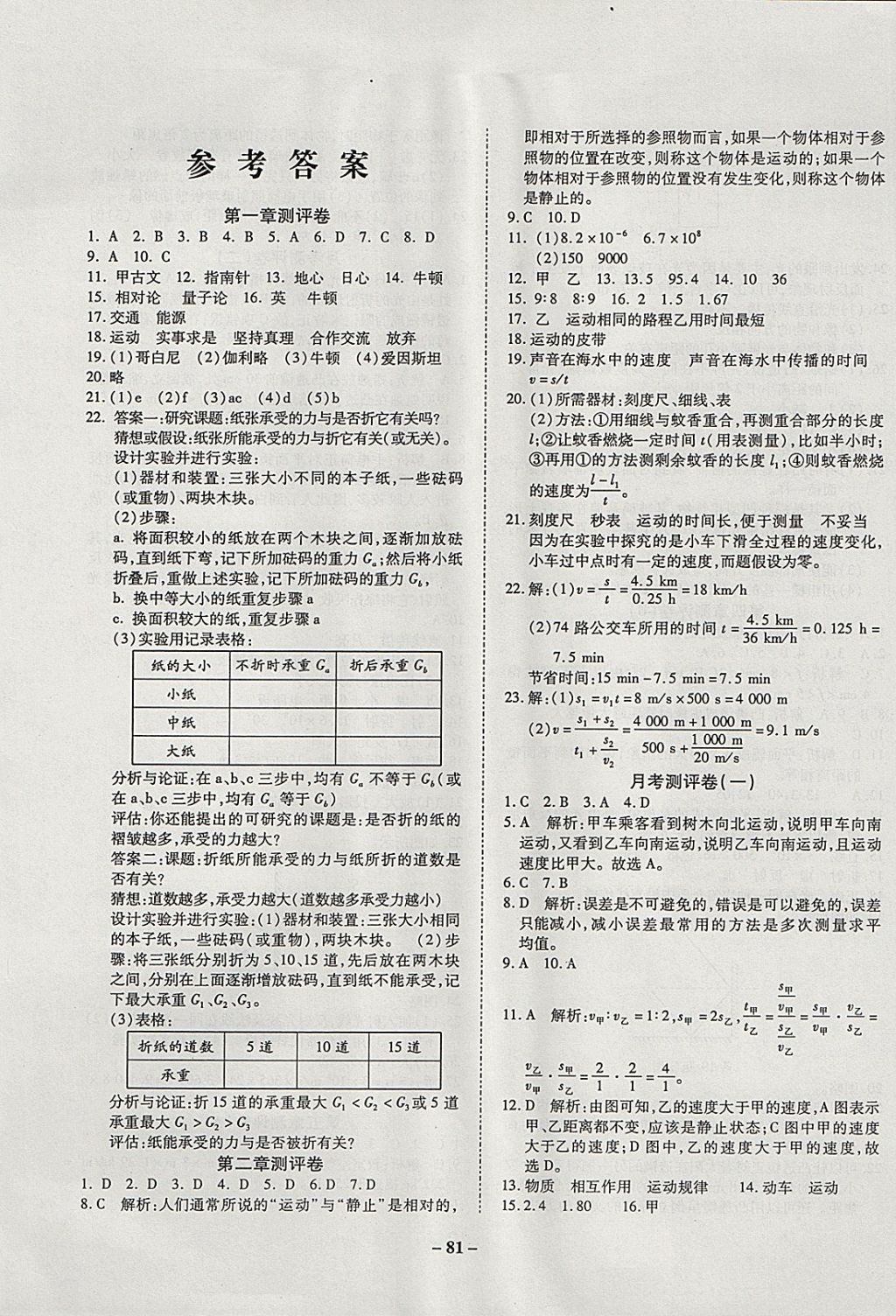 2017年培優(yōu)奪冠金卷名師點(diǎn)撥八年級(jí)物理上冊(cè)滬科版 參考答案第1頁