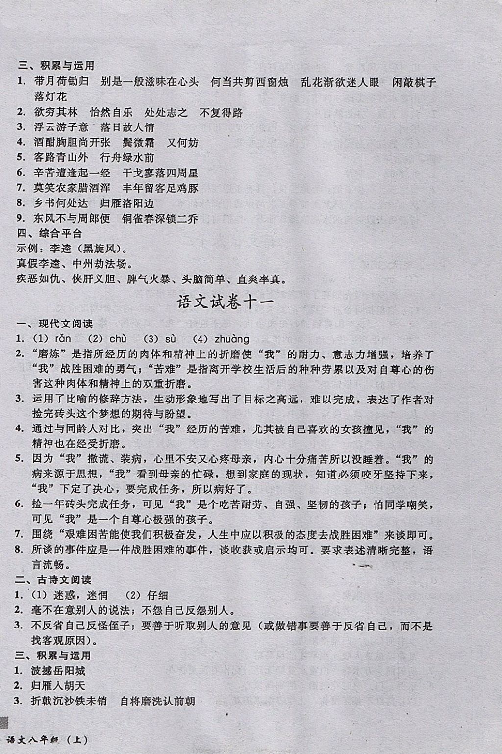 2017年无敌战卷课时作业八年级语文上册通用版 参考答案第10页