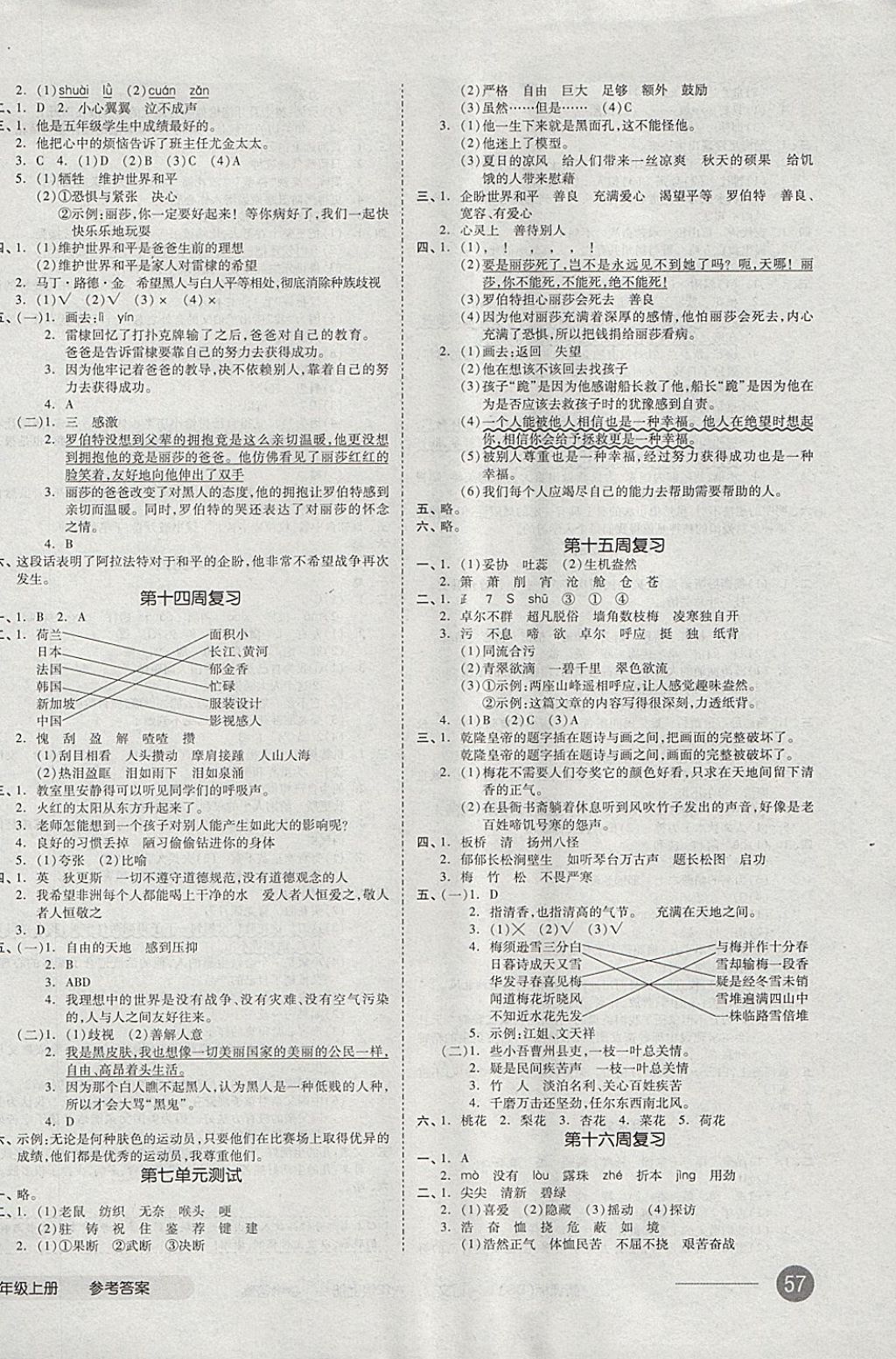 2017年全品小復習六年級語文上冊北師大版 參考答案第6頁