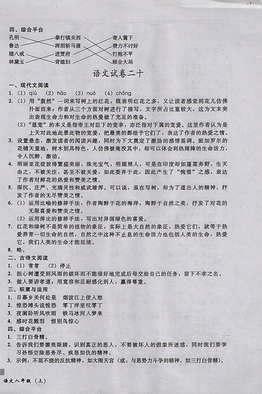 2017年无敌战卷课时作业八年级语文上册通用版 参考答案第18页