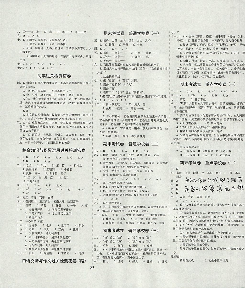 2017年期末冲刺100分完全试卷六年级语文上册江苏版 参考答案第3页