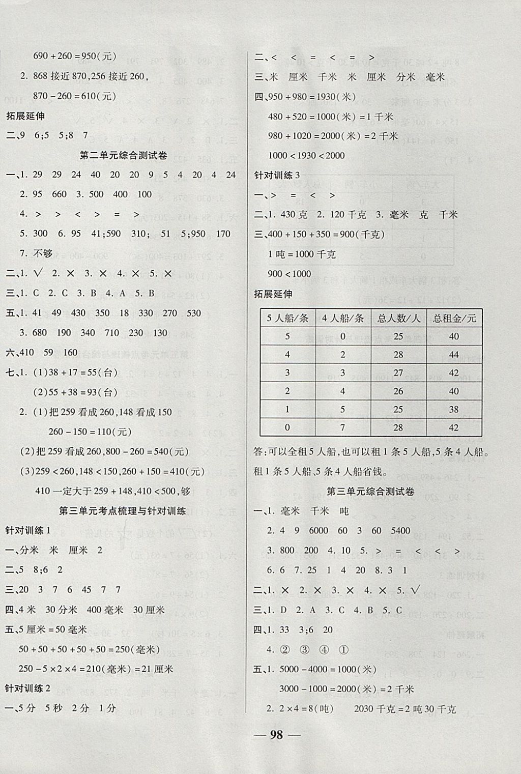 2017年奪冠金卷考點梳理全優(yōu)卷三年級數(shù)學(xué)上冊人教版 參考答案第2頁