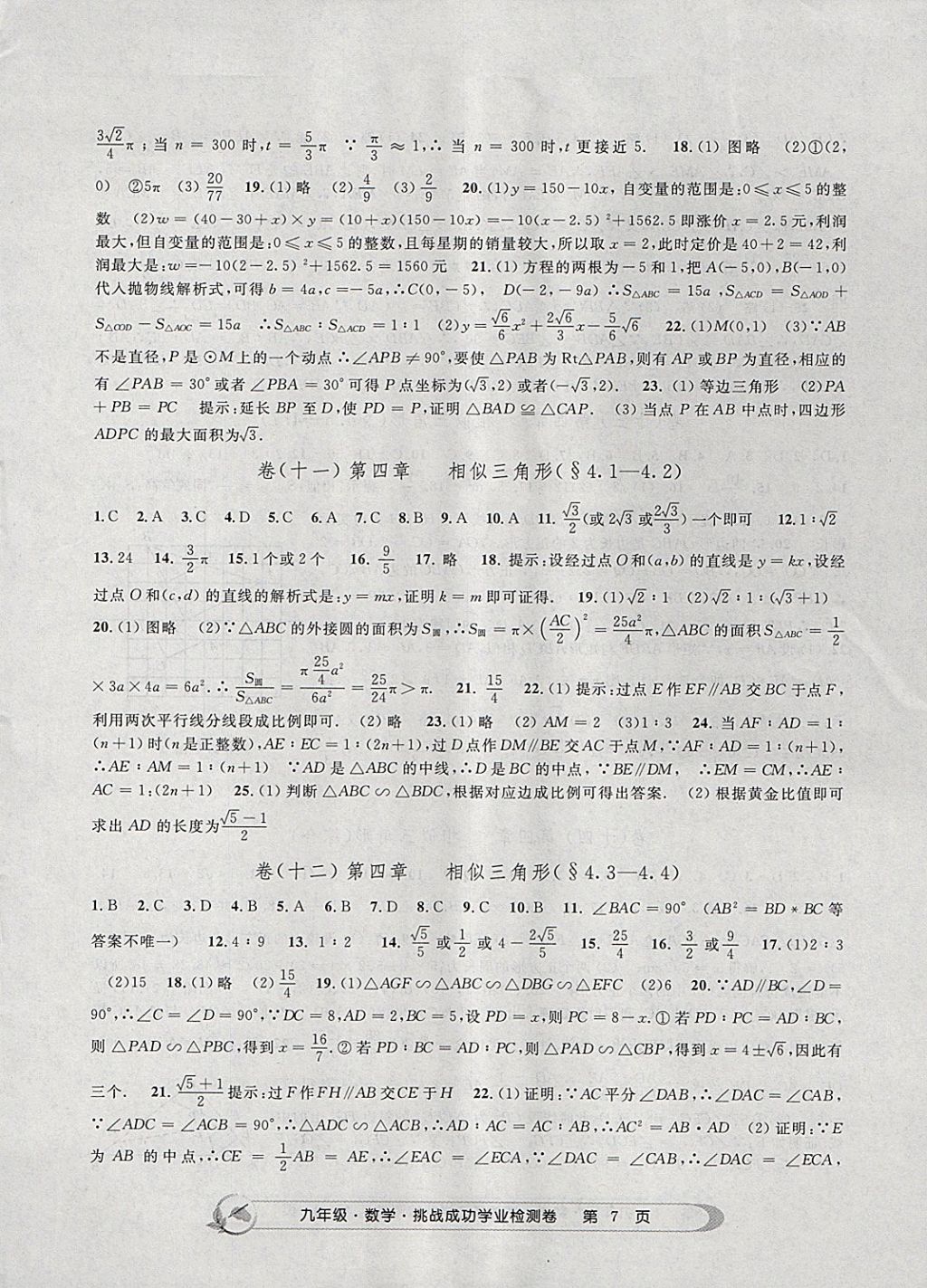 2017年挑戰(zhàn)成功學(xué)業(yè)檢測卷九年級數(shù)學(xué)全一冊杭州專版 參考答案第7頁