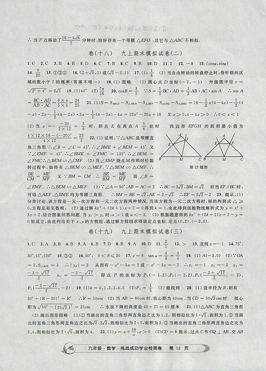 2017年挑戰(zhàn)成功學業(yè)檢測卷九年級數(shù)學全一冊杭州專版 參考答案第12頁