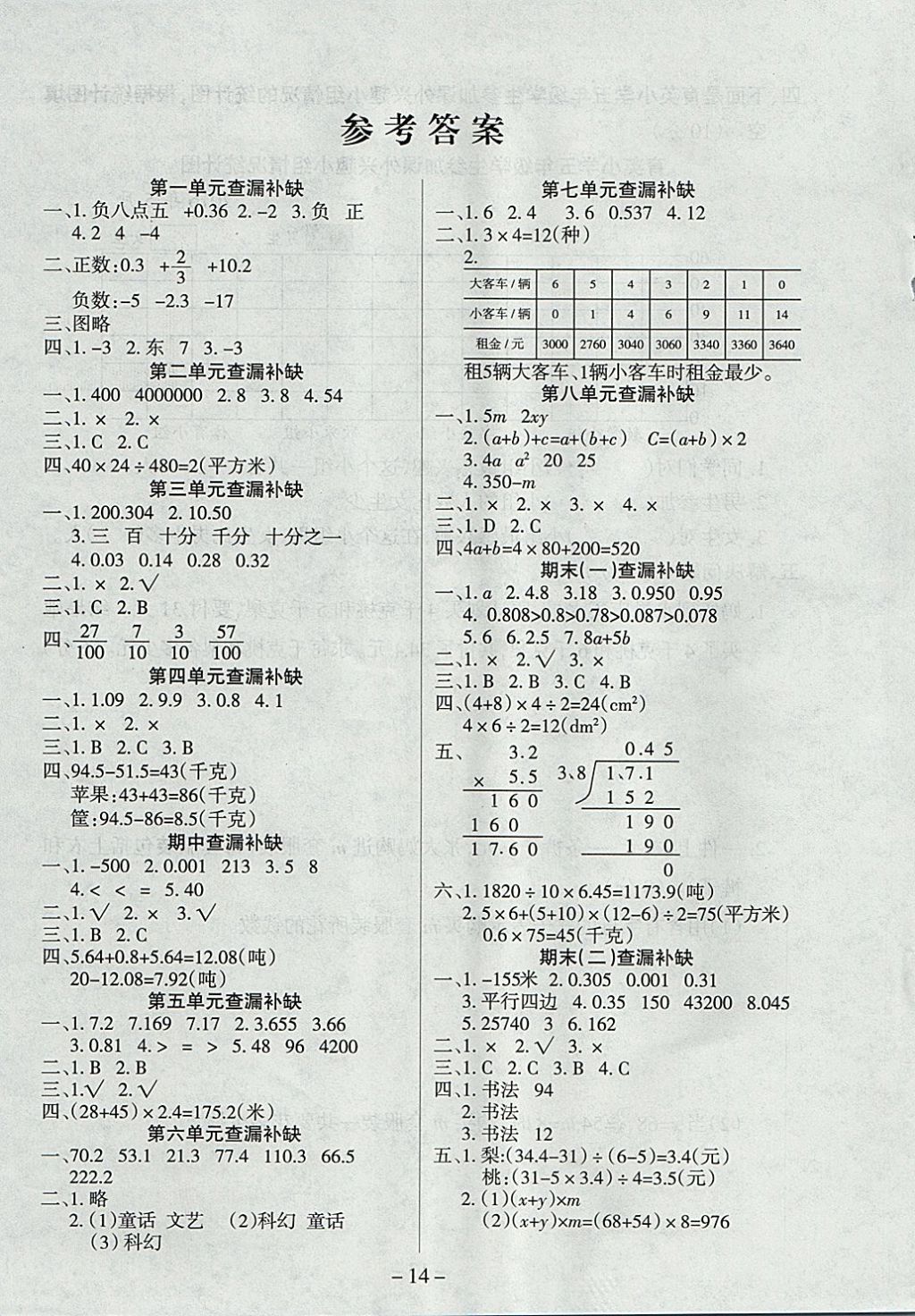 2017年优佳好卷五年级数学上册苏教版 参考答案第9页