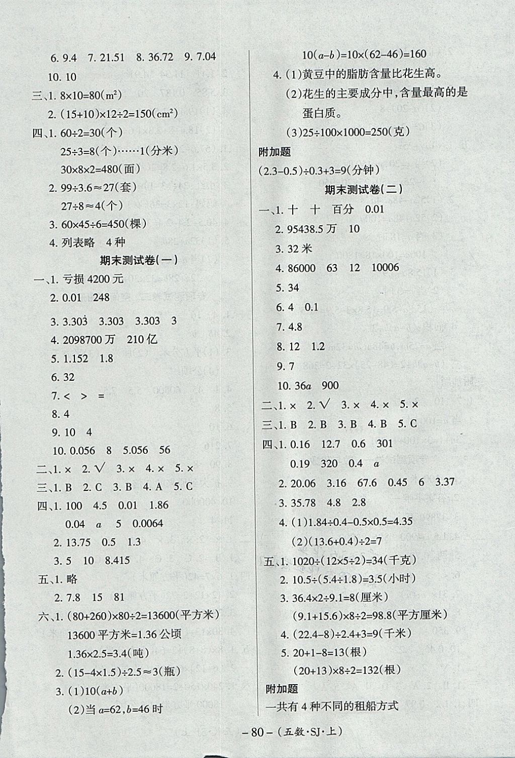 2017年优佳好卷五年级数学上册苏教版 参考答案第8页