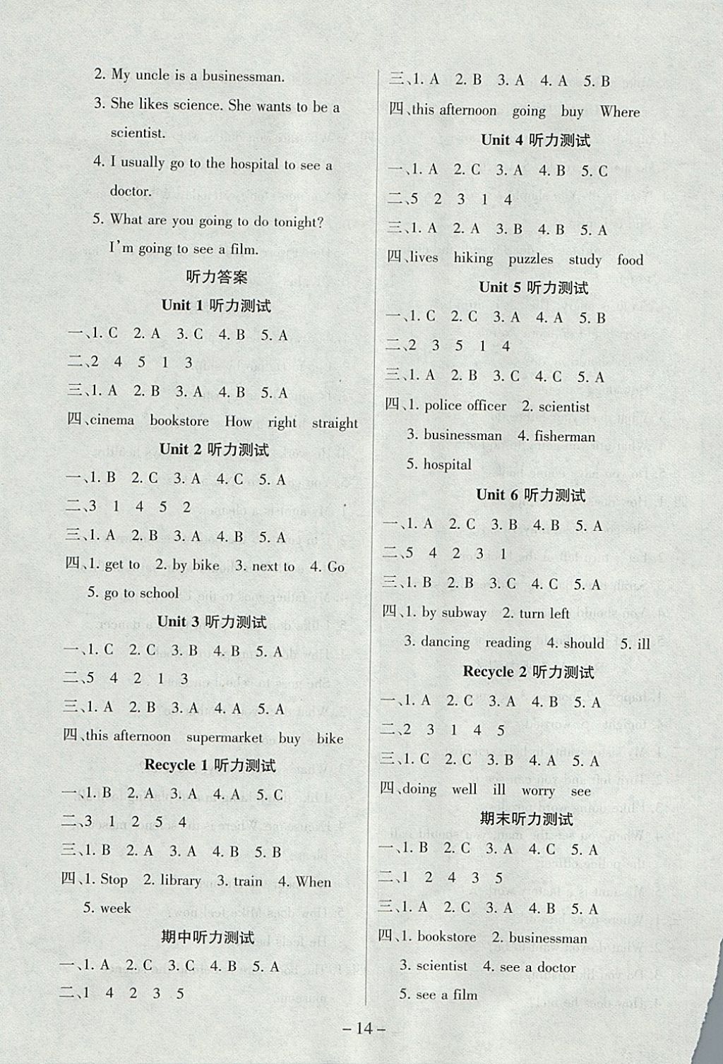 2017年優(yōu)佳好卷六年級英語上冊人教PEP版 參考答案第7頁