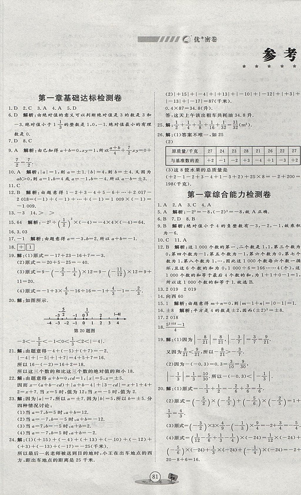 2017年优加密卷七年级数学上册P版 参考答案第1页