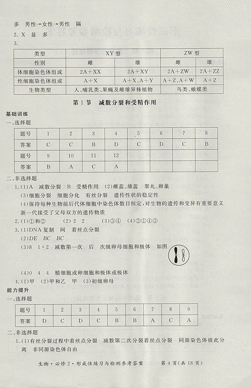 2018年形成性練習與檢測生物必修2 參考答案第4頁