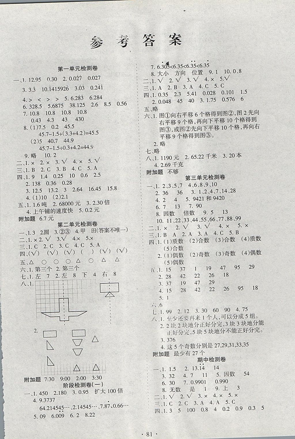 2017年新題型黃岡全程檢測100分五年級數(shù)學(xué)上冊北師大版 參考答案第1頁