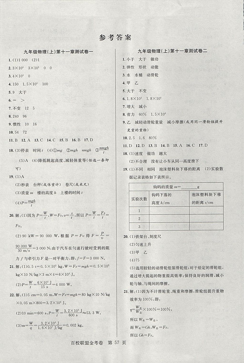 2017年百校聯(lián)盟金考卷九年級物理上冊粵滬版 參考答案第1頁