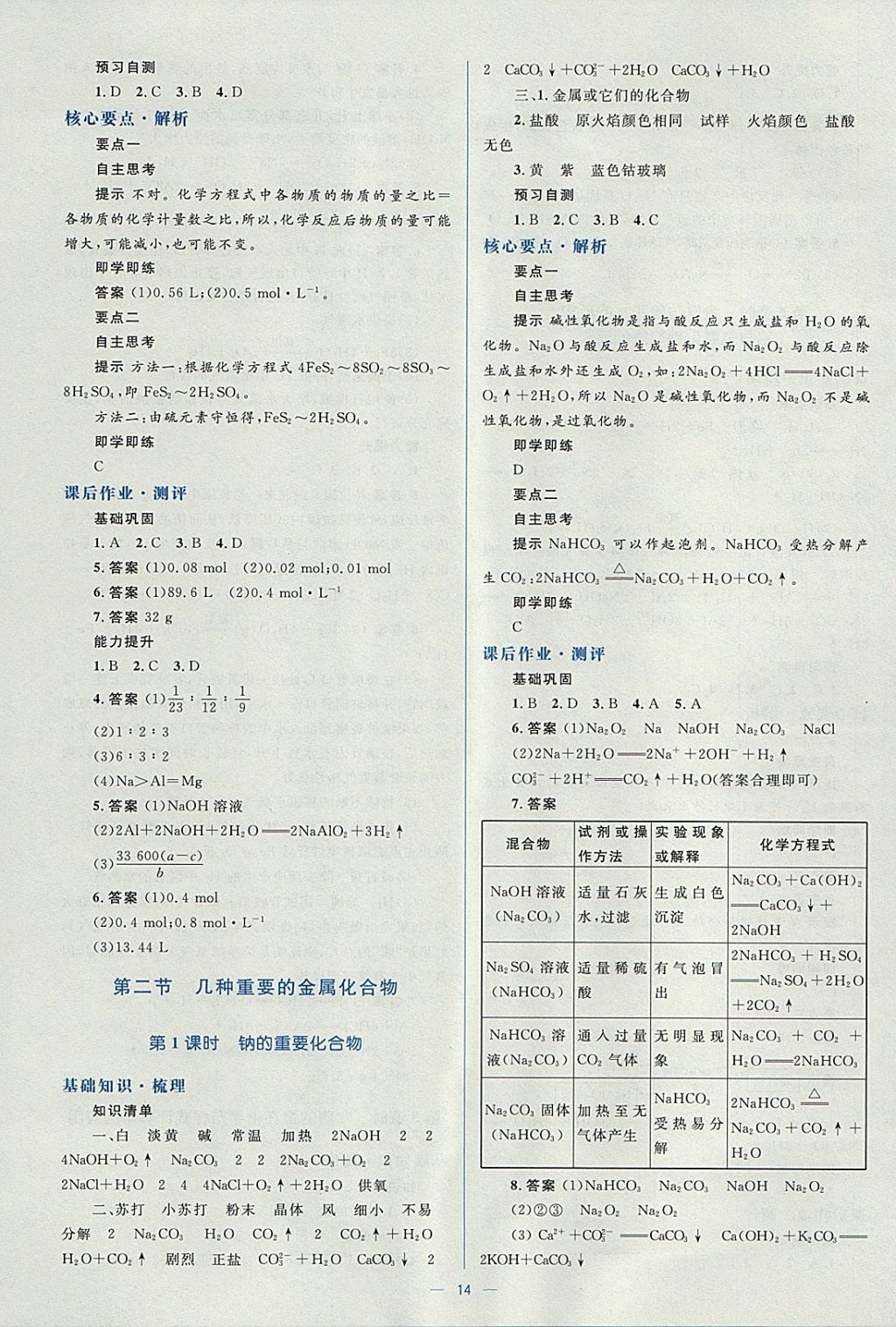 2018年人教金学典同步解析与测评学考练化学必修1人教版 参考答案第14页