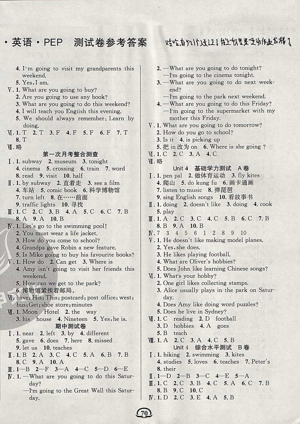 2017年創(chuàng)新考王完全試卷六年級(jí)英語(yǔ)上冊(cè)人教PEP版 參考答案第2頁(yè)